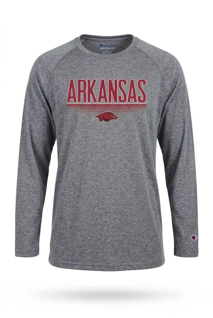 Champion Gray Long Sleeve Arkansas Razorbacks Tee with Red Logo